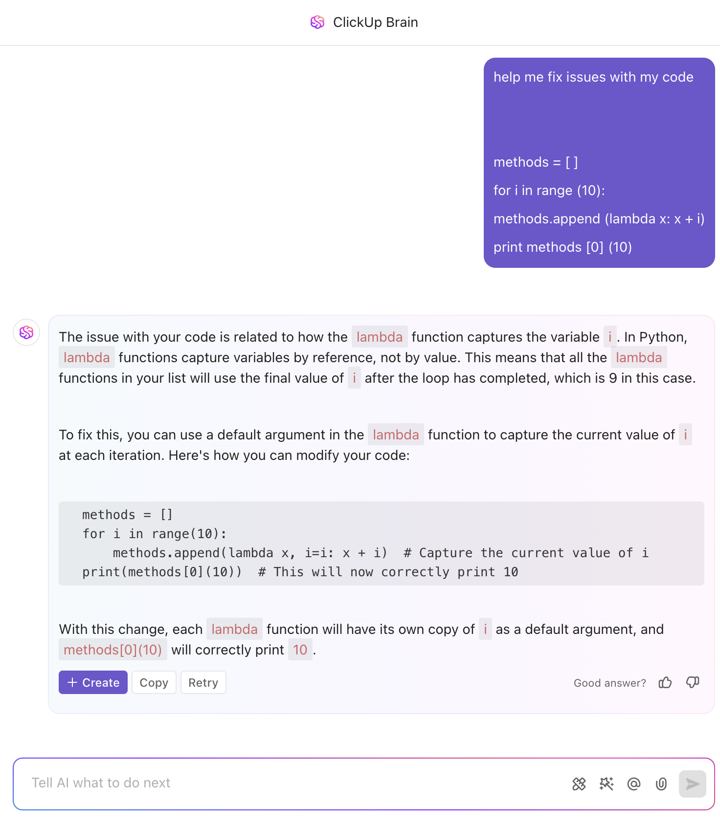 Get instant suggestions for debugging your code with ClickUp Brain
